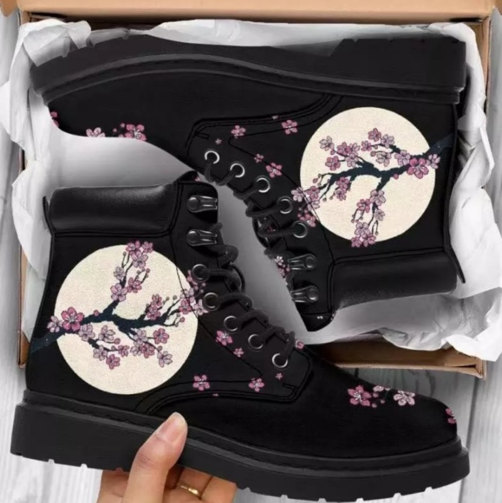 Flower Cherry Blossom Combat Boots Size 8